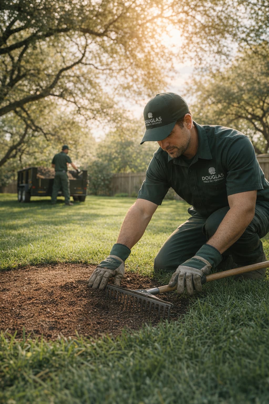 Douglas Tree Service crew member in dark green uniform cleaning up after stump grinding in an Austin backyard, leaving the yard spotless