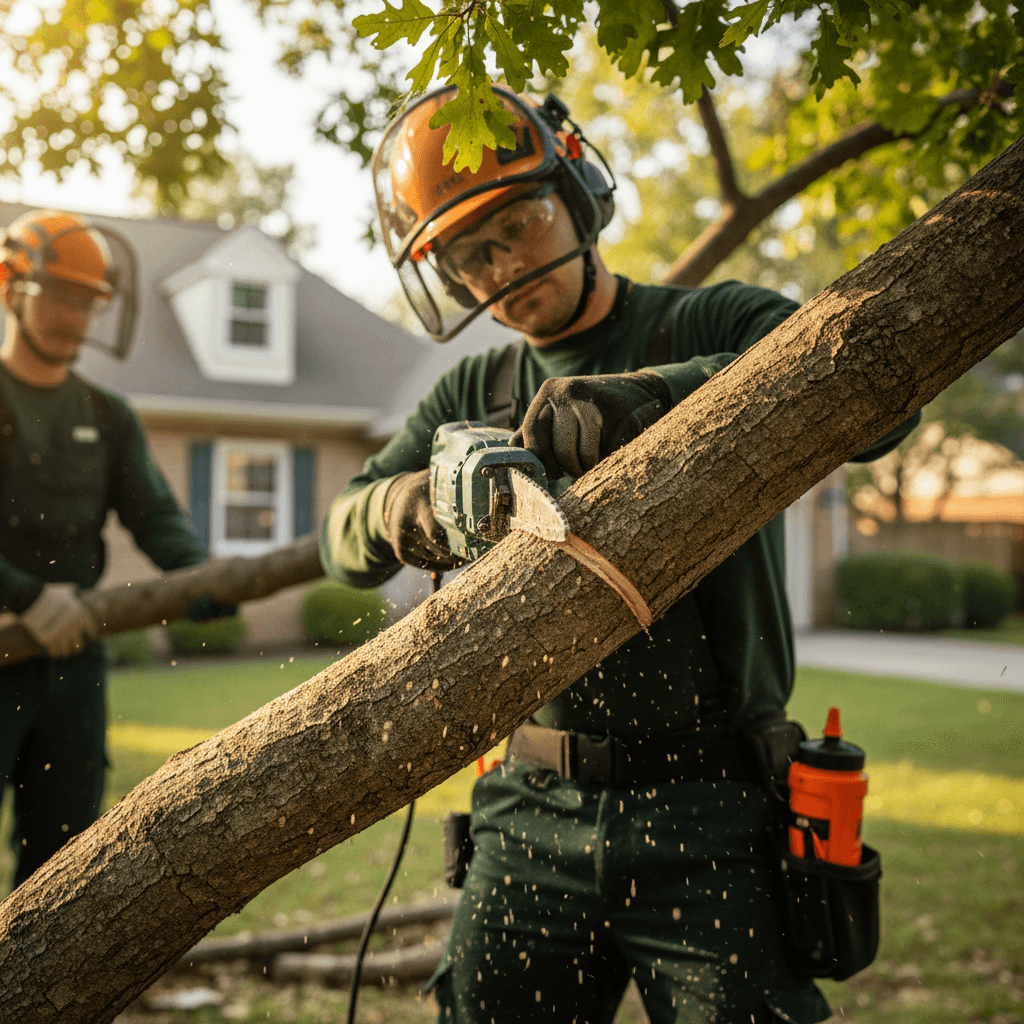 Arborist making a precise cut on an oak branch with professional pruning tools