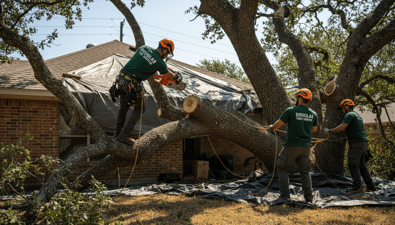 Professional tree service crew in dark green uniforms performing hazardous tree removal near a roofline with precision and safety