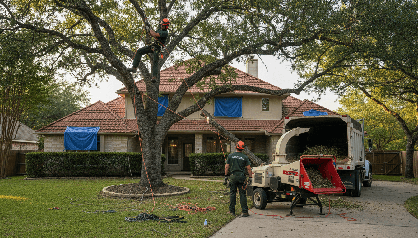 Douglas Tree Service crew in dark green uniforms performing professional tree removal with modern equipment in an Austin residential yard