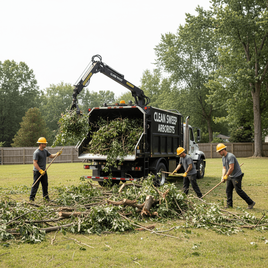 Debris and branches being removed and loaded after tree removal