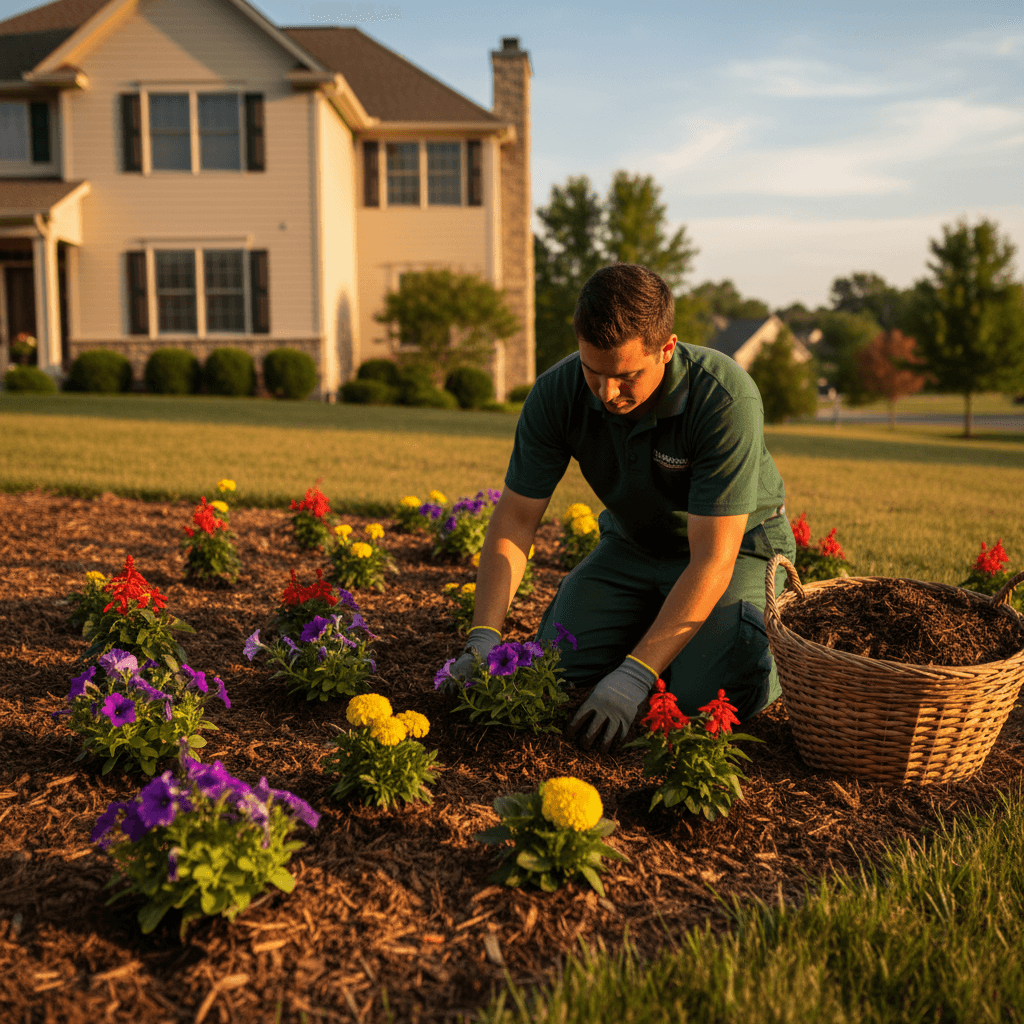 Landscape crew member installing mulch and flower beds in a residential yard