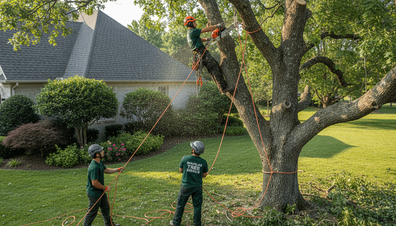 Professional tree care crew in dark green uniforms performing hazardous tree removal near a residential roofline with precision and safety