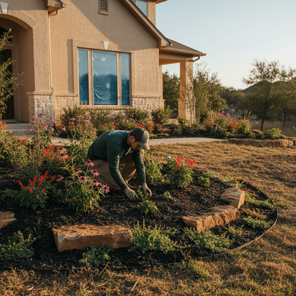 Landscape enhancement with mulching and flower beds