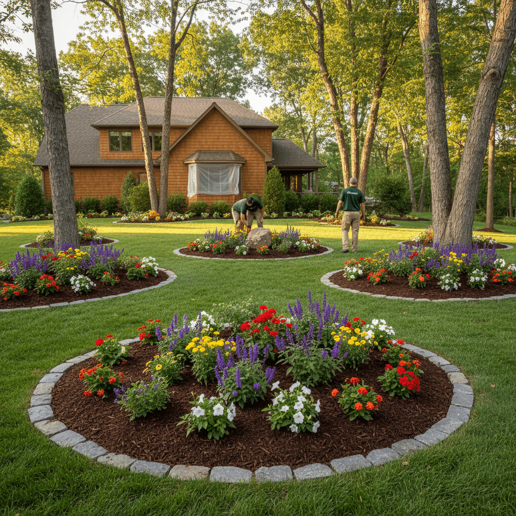 Completed landscape enhancement project with mulching, flower beds, and rock work