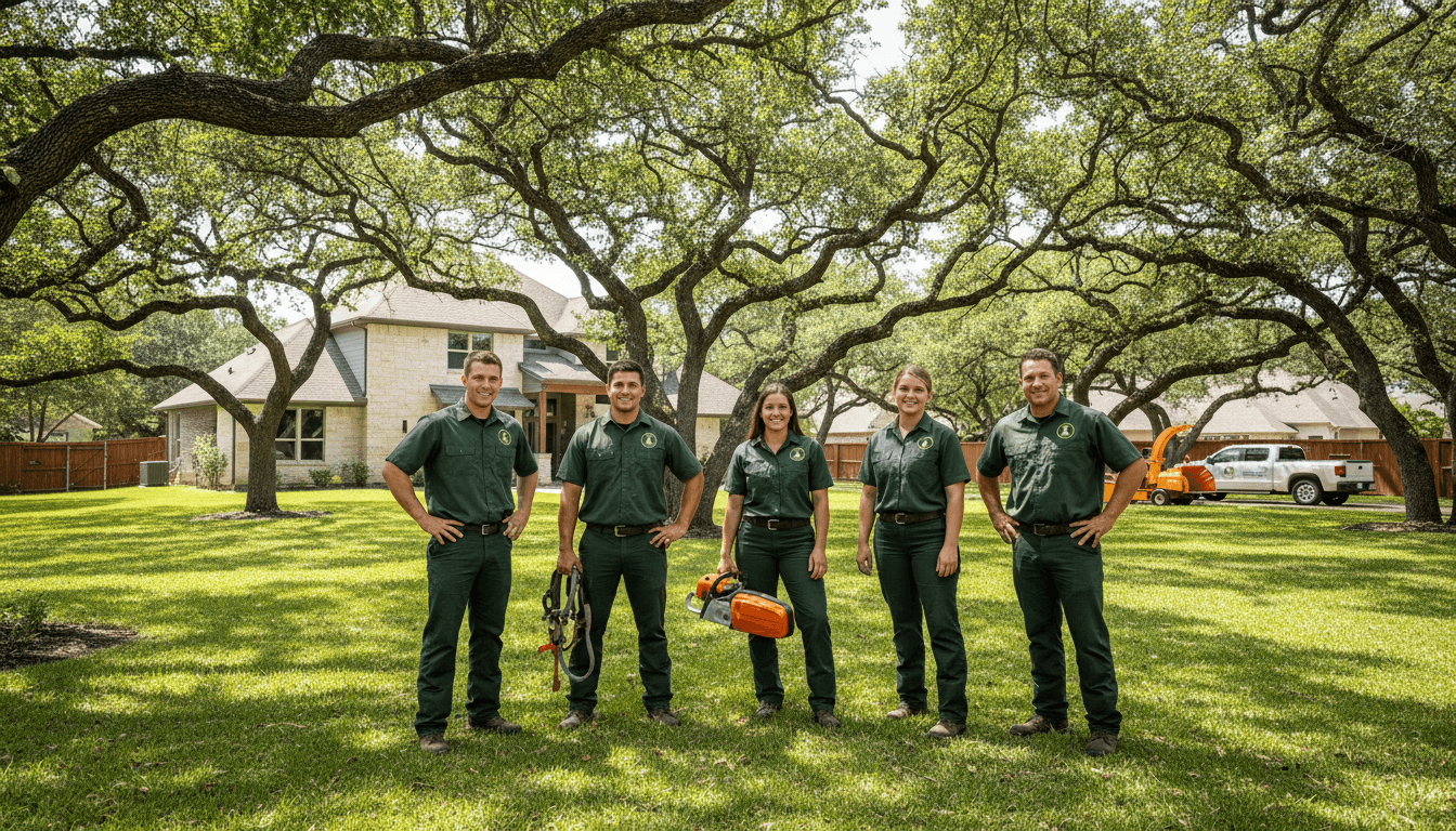 Douglas Tree Service team in dark green uniforms ready to provide professional tree care in Austin