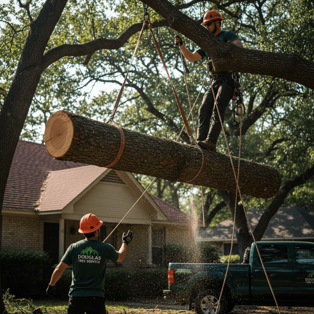 Professional tree removal crew safely lowering a tree section near a home's roof using ropes
