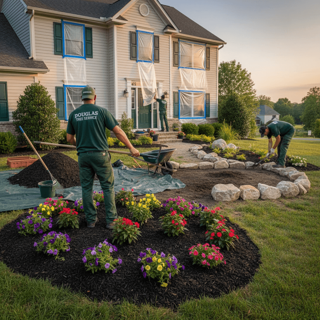 Landscape crew installing mulch, planting flower beds, and protecting windows during yard enhancement