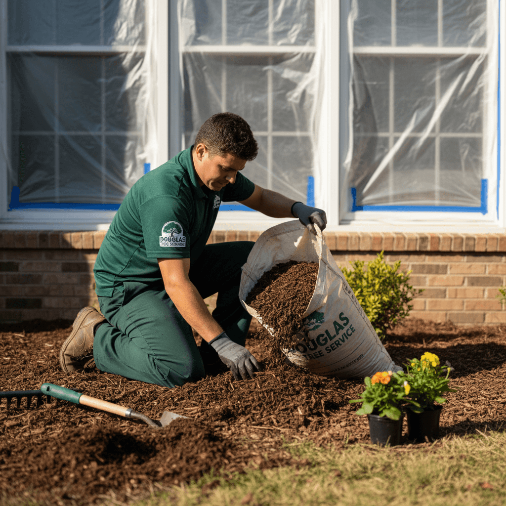 Crew member performing landscape enhancement with window protection