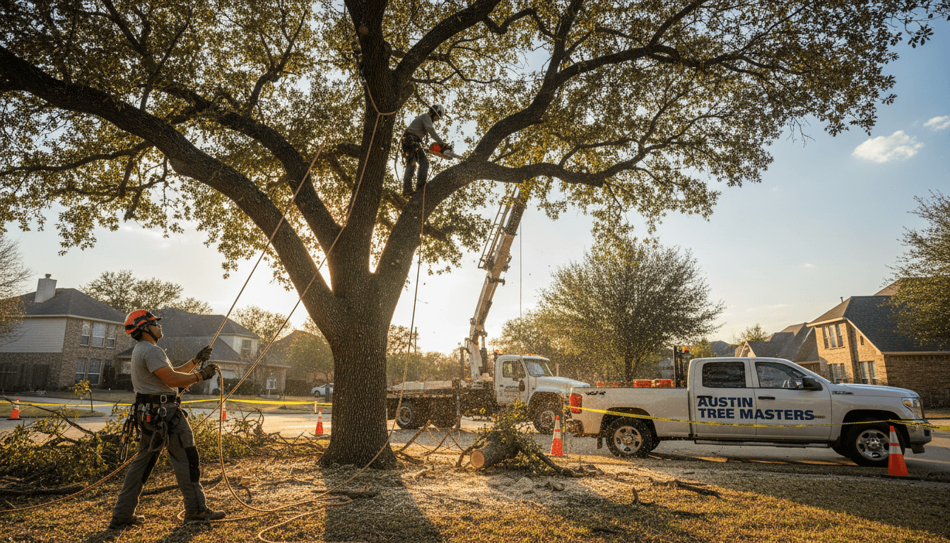 Professional tree removal crew safely removing a large tree in Austin with specialized equipment and safety protocols