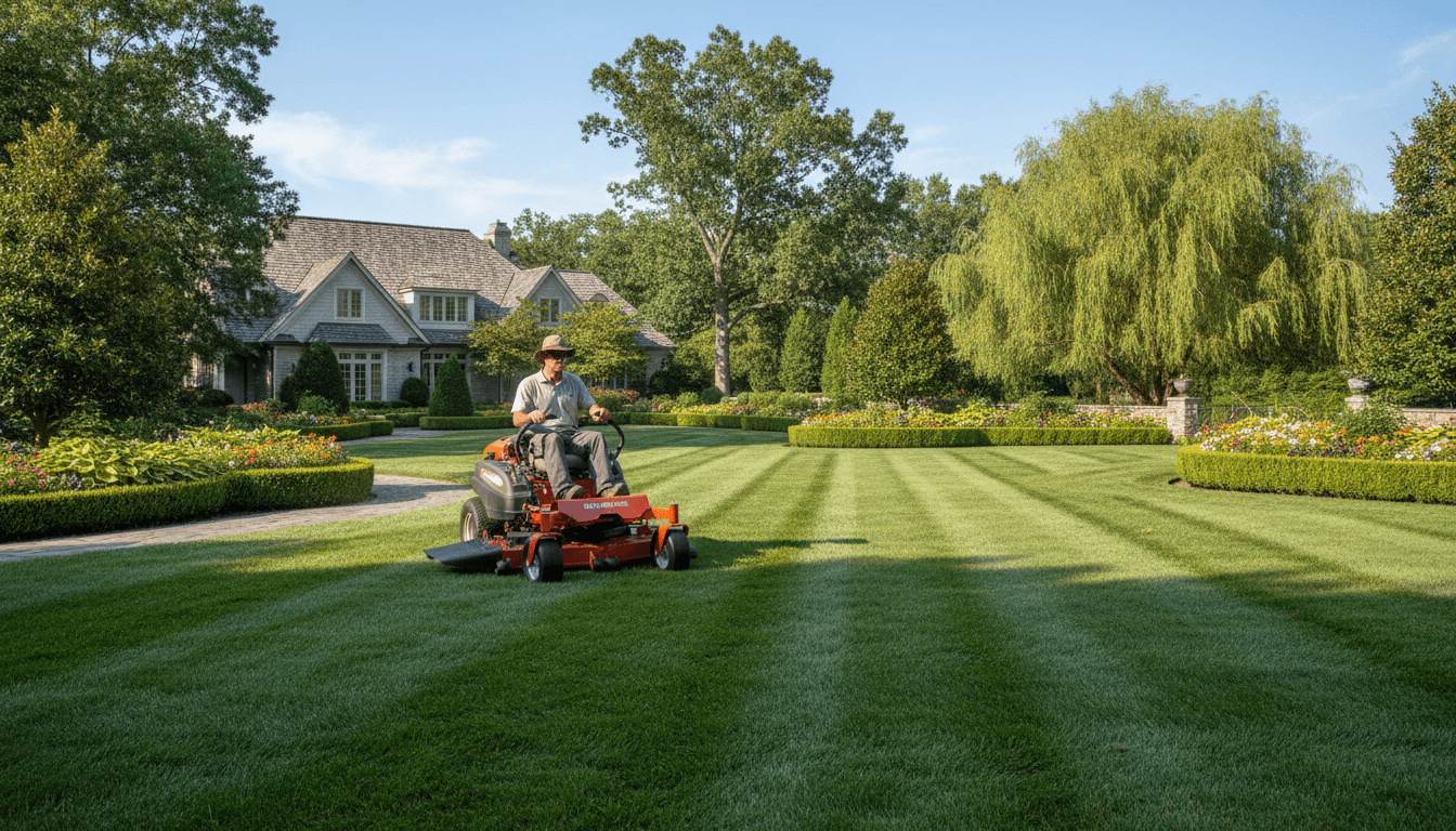 Well-manicured residential lawn being mowed by professional with quality equipment