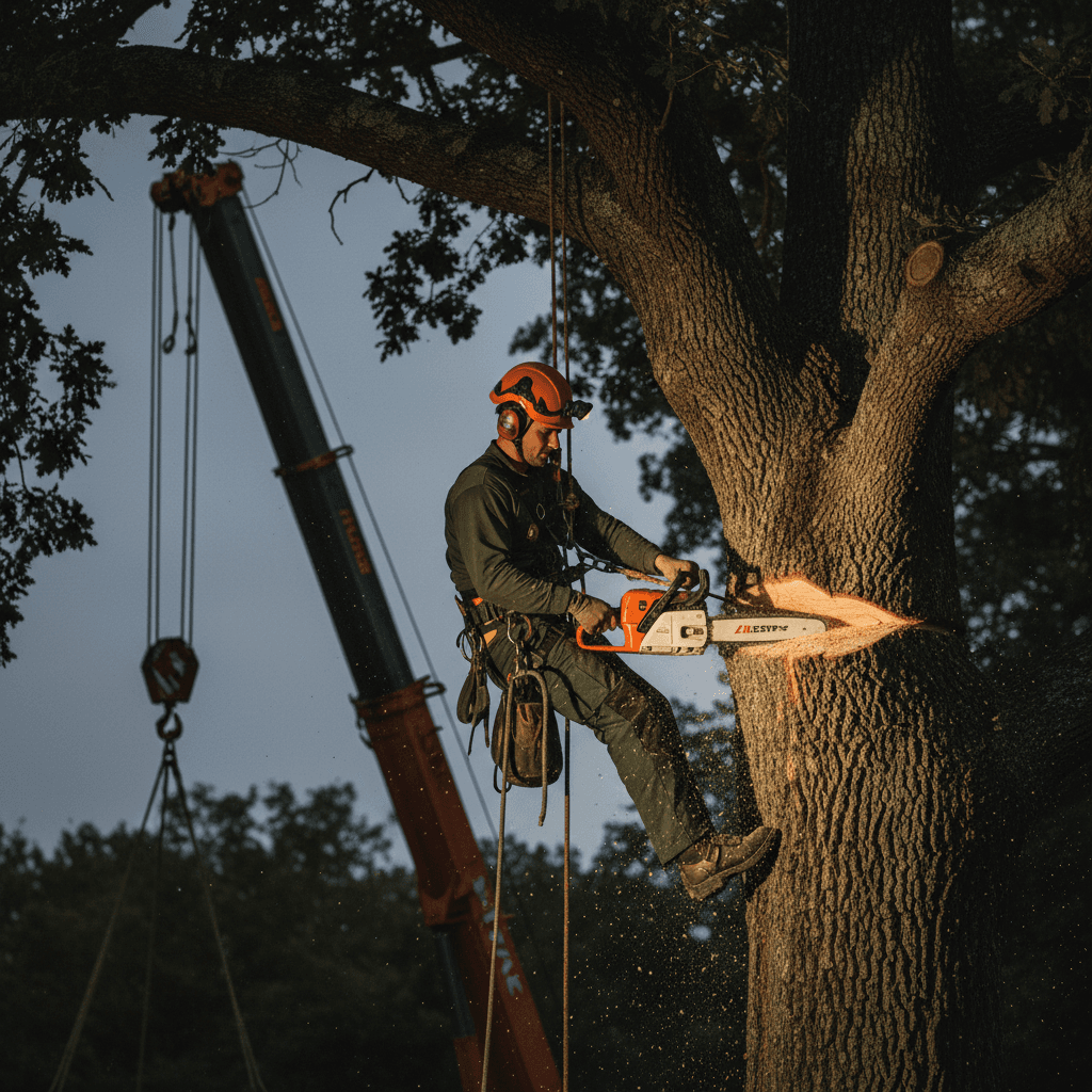 Professional arborist safely removing a hazardous tree near a residential property