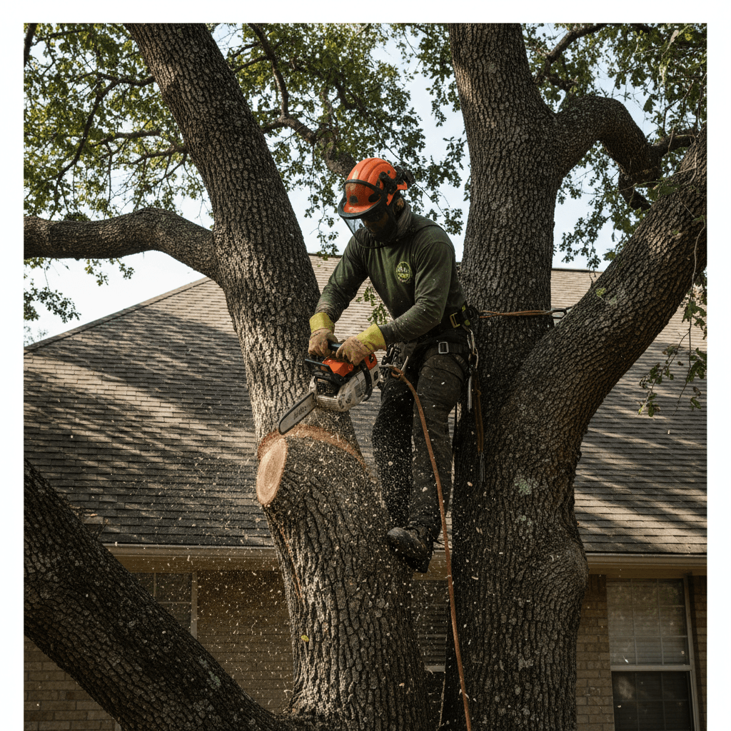 Professional arborist safely removing a large tree near a residential roofline