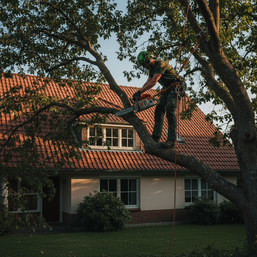 Professional arborist safely removing a tree near a residential roof
