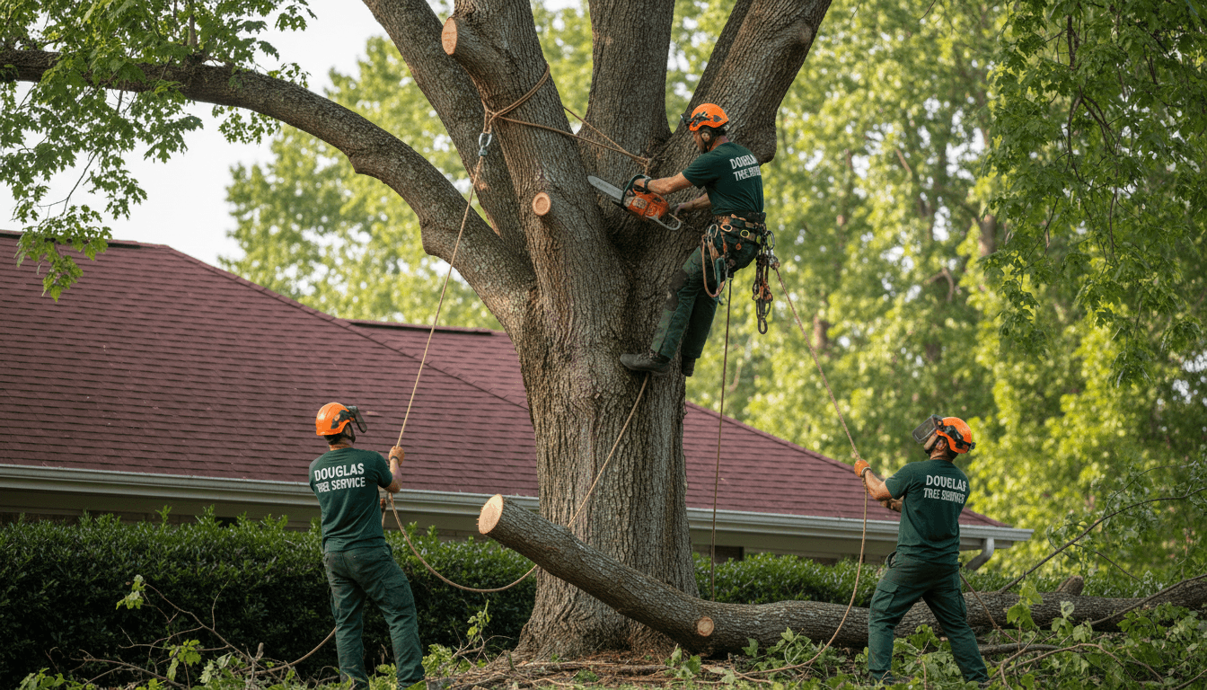 Douglas Tree Service crew in green uniforms safely removing a tree near a home's roof line with professional equipment