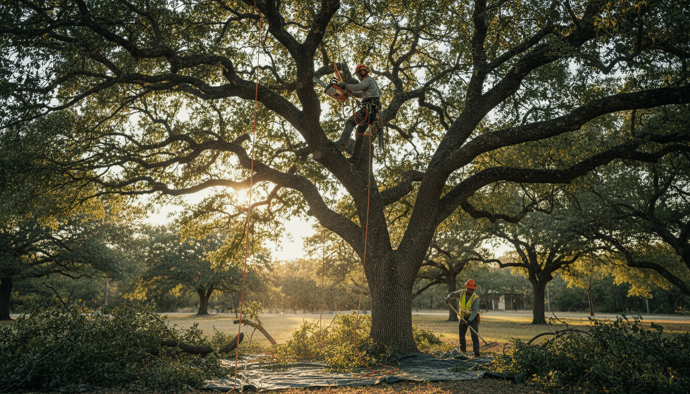 Professional tree trimmer pruning branches high in tree canopy with safety equipment