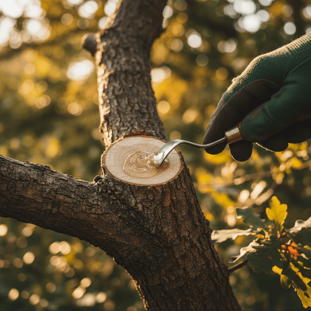 Close-up of precision pruning technique with protective sealant application
