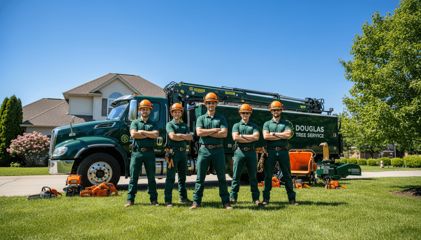 Douglas Tree Service crew in dark green uniforms with professional equipment in a clean residential yard