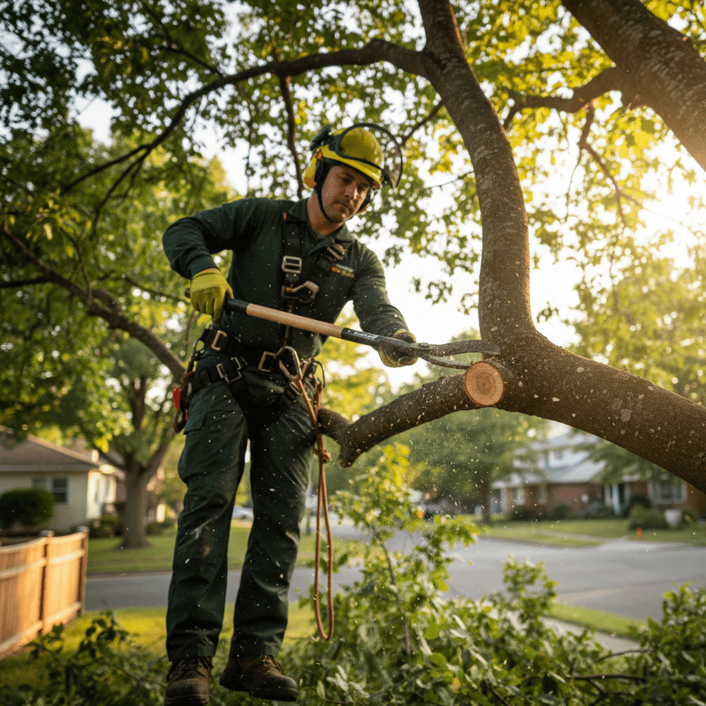 Certified arborist performing precision pruning with proper technique