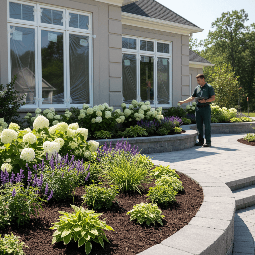 Completed landscape enhancement with flower beds and hardscaping