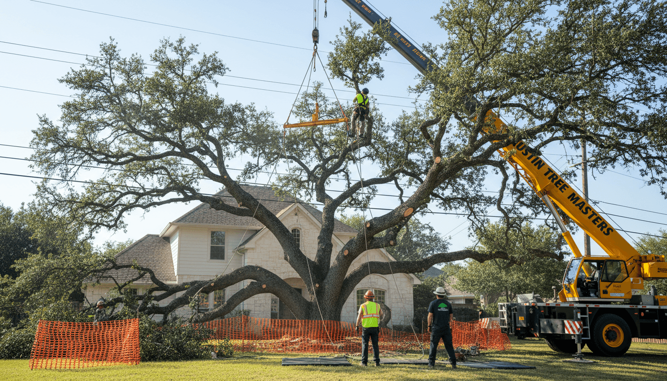 Douglas Tree Service crew in dark green uniforms safely removing a large tree near a home roofline with professional equipment