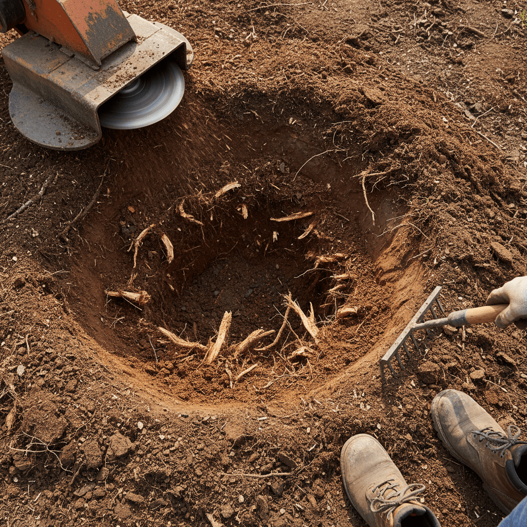 Freshly ground tree stump below ground level