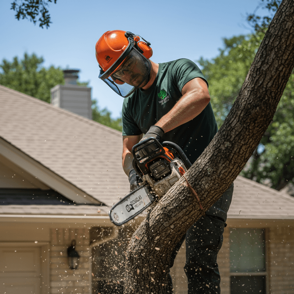 Arborist in dark green uniform safely removing a tree near a residential roof