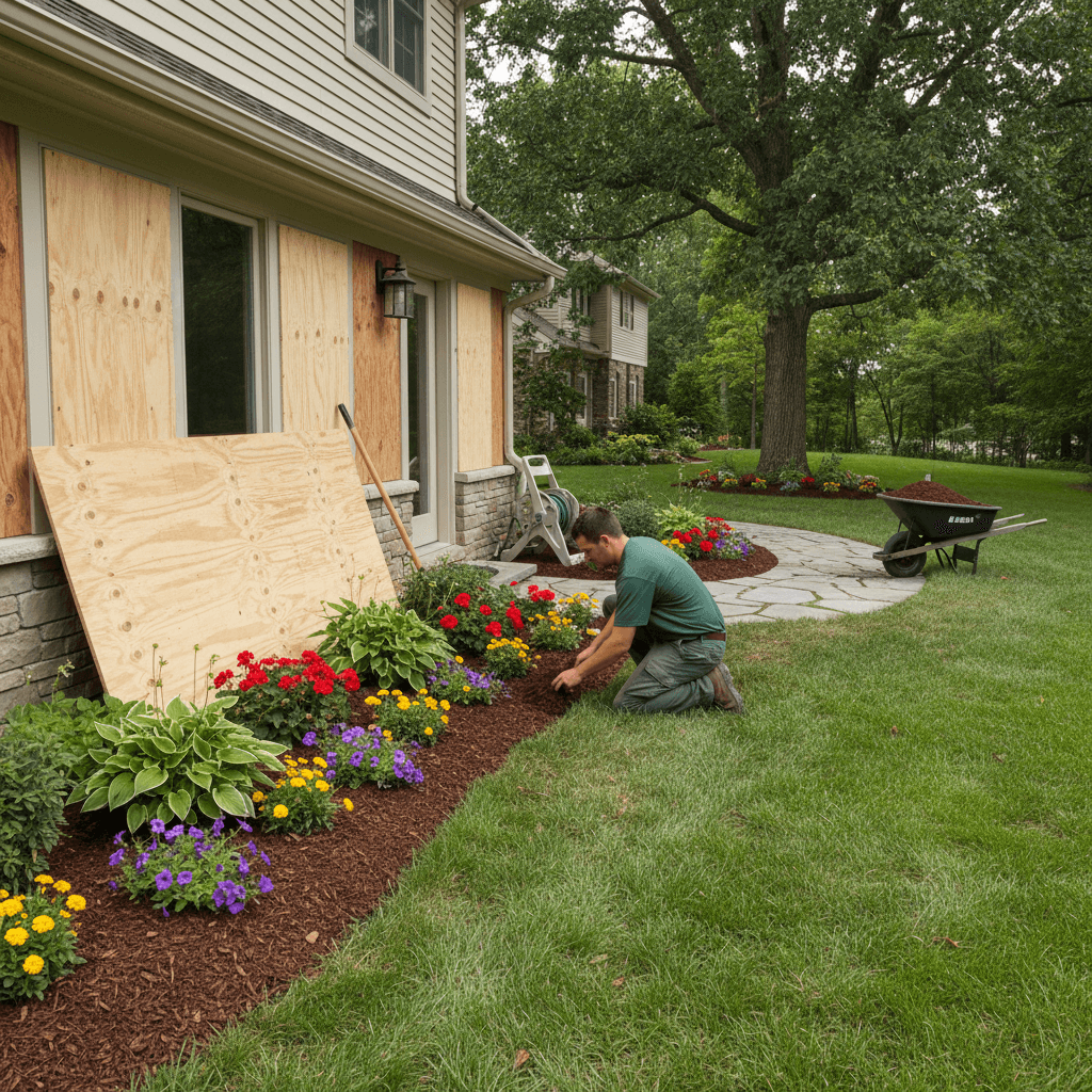 Landscape worker installing mulch and flower beds with window protection barriers in place