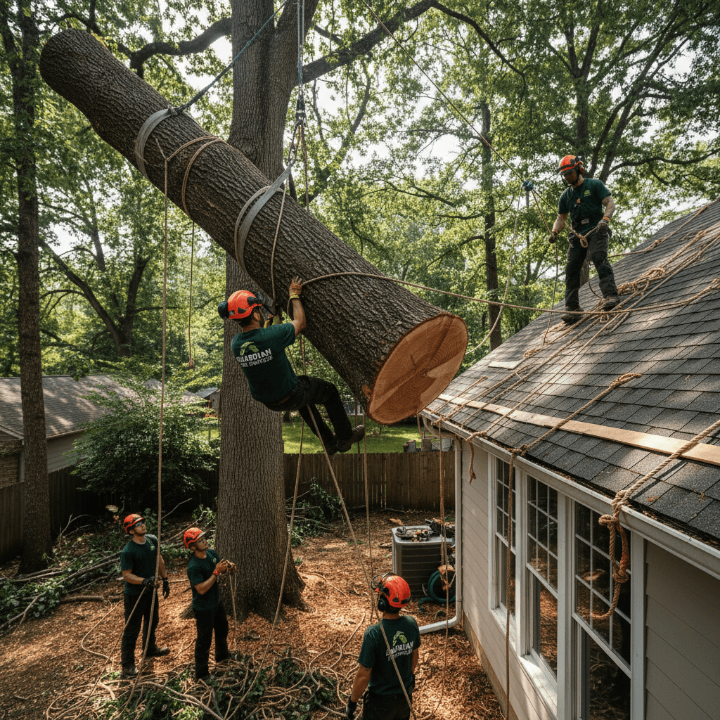 Professional arborist safely removing a large tree near a residential roof with proper rigging and equipment