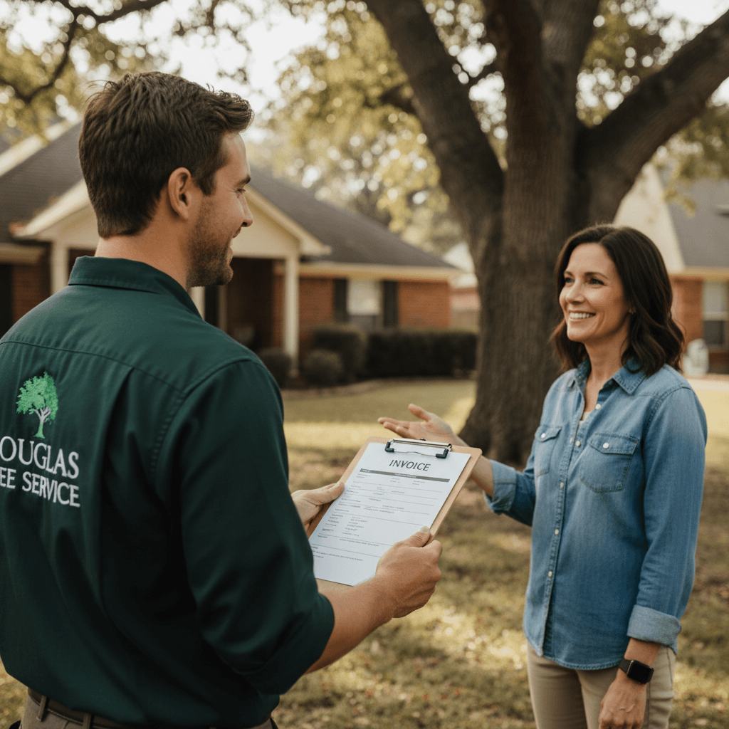 Douglas Tree Service crew member discussing fair pricing with homeowner