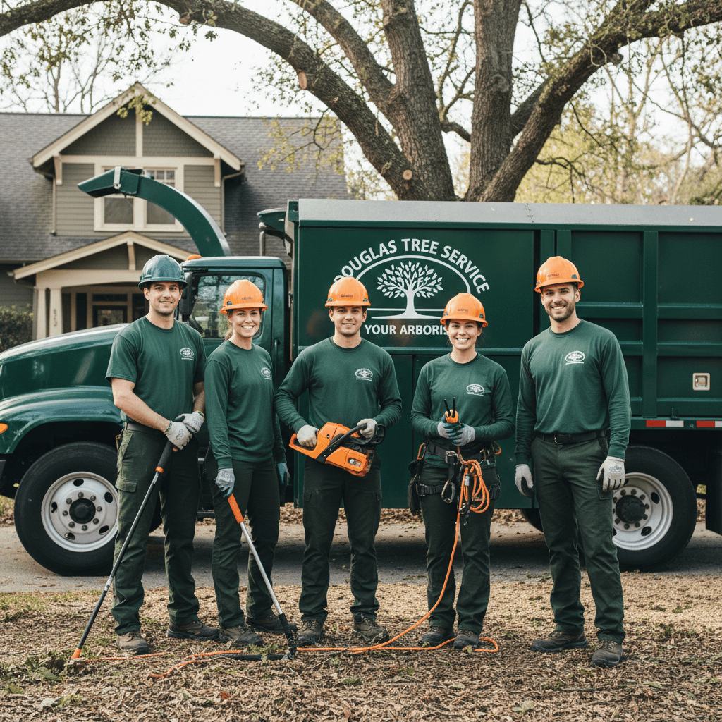 Douglas Tree Service crew in uniform discussing transparent pricing