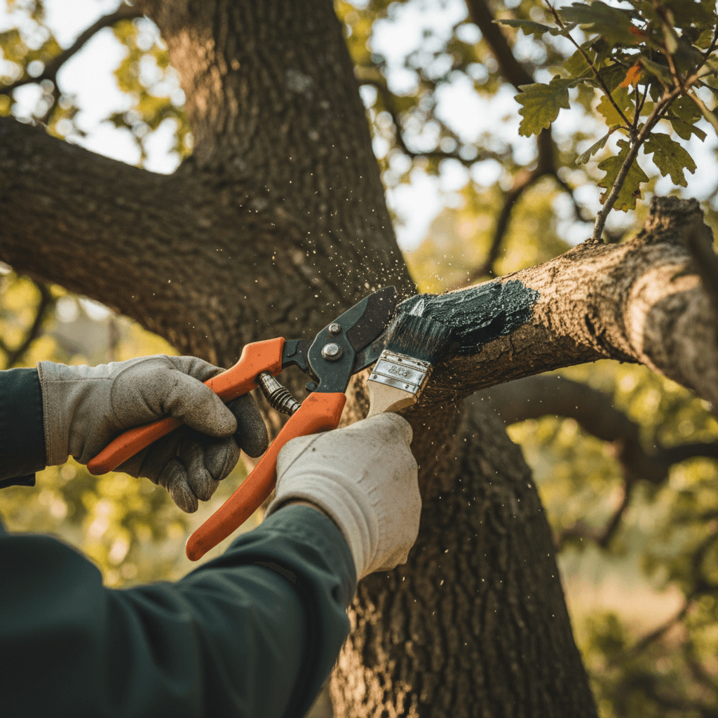 Arborist making a precise pruning cut on an oak tree and applying protective sealant