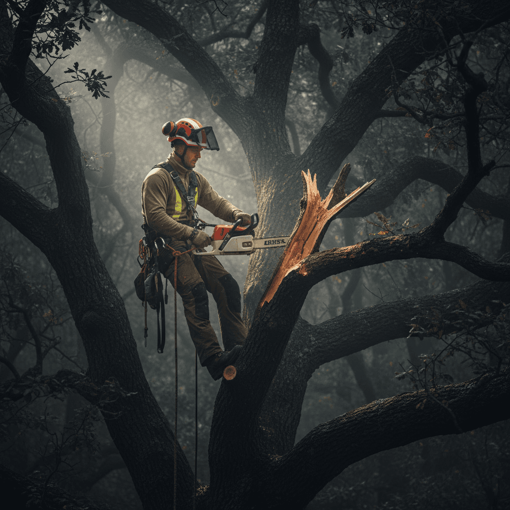 Professional hazard limb removal with full safety equipment