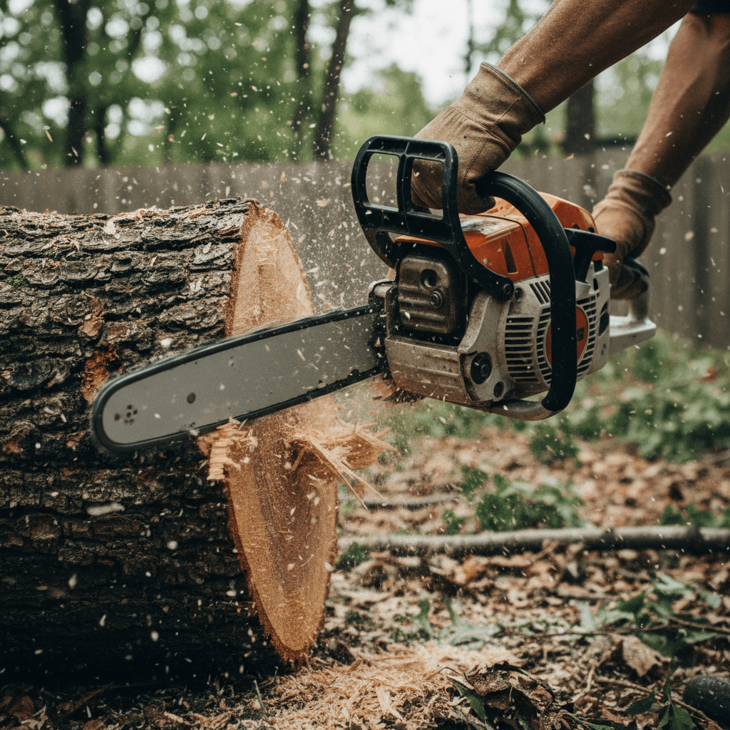 Emergency tree removal with chainsaw cutting through fallen tree