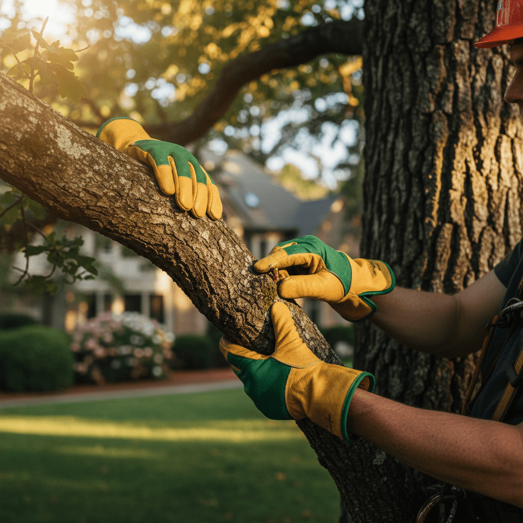Professional arborist standing beside a mature oak tree in Austin, ready to perform expert tree care services