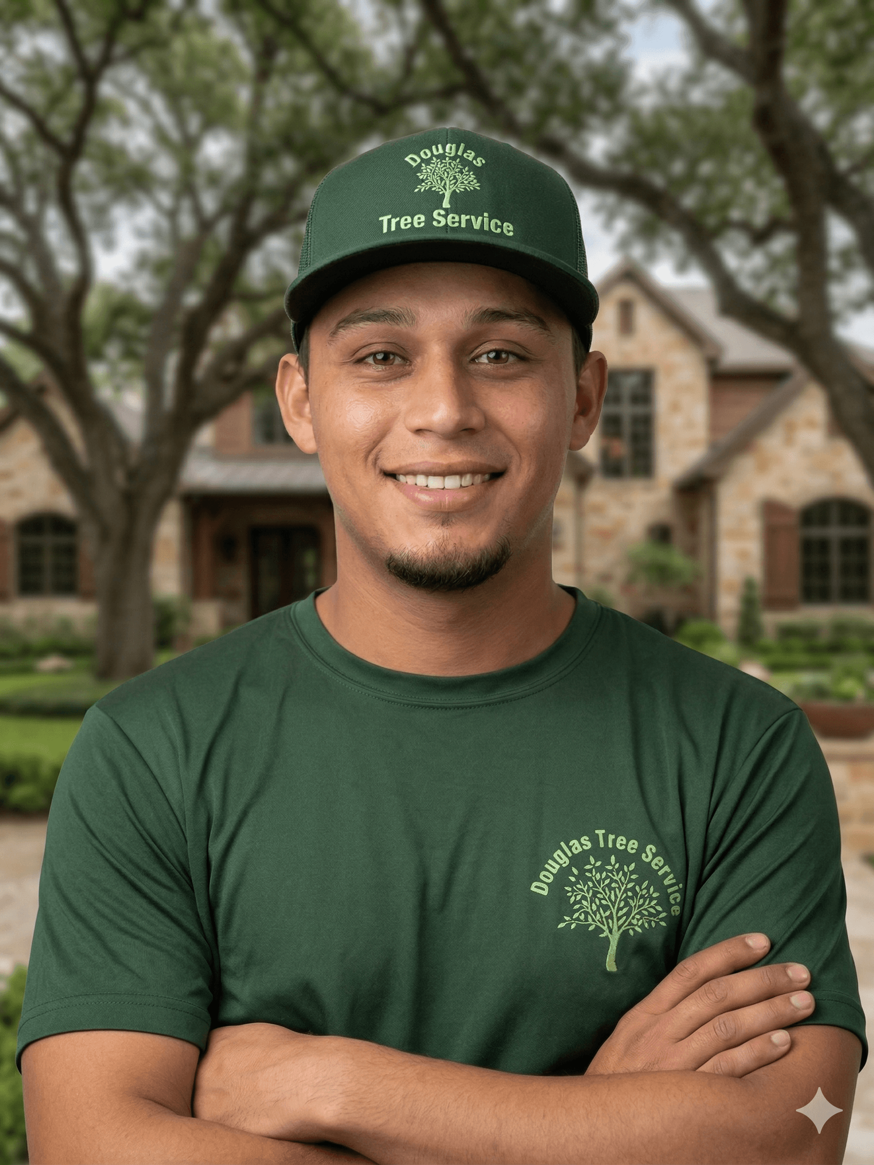 Smiling man in a green Douglas Tree Service uniform with arms crossed outdoors.