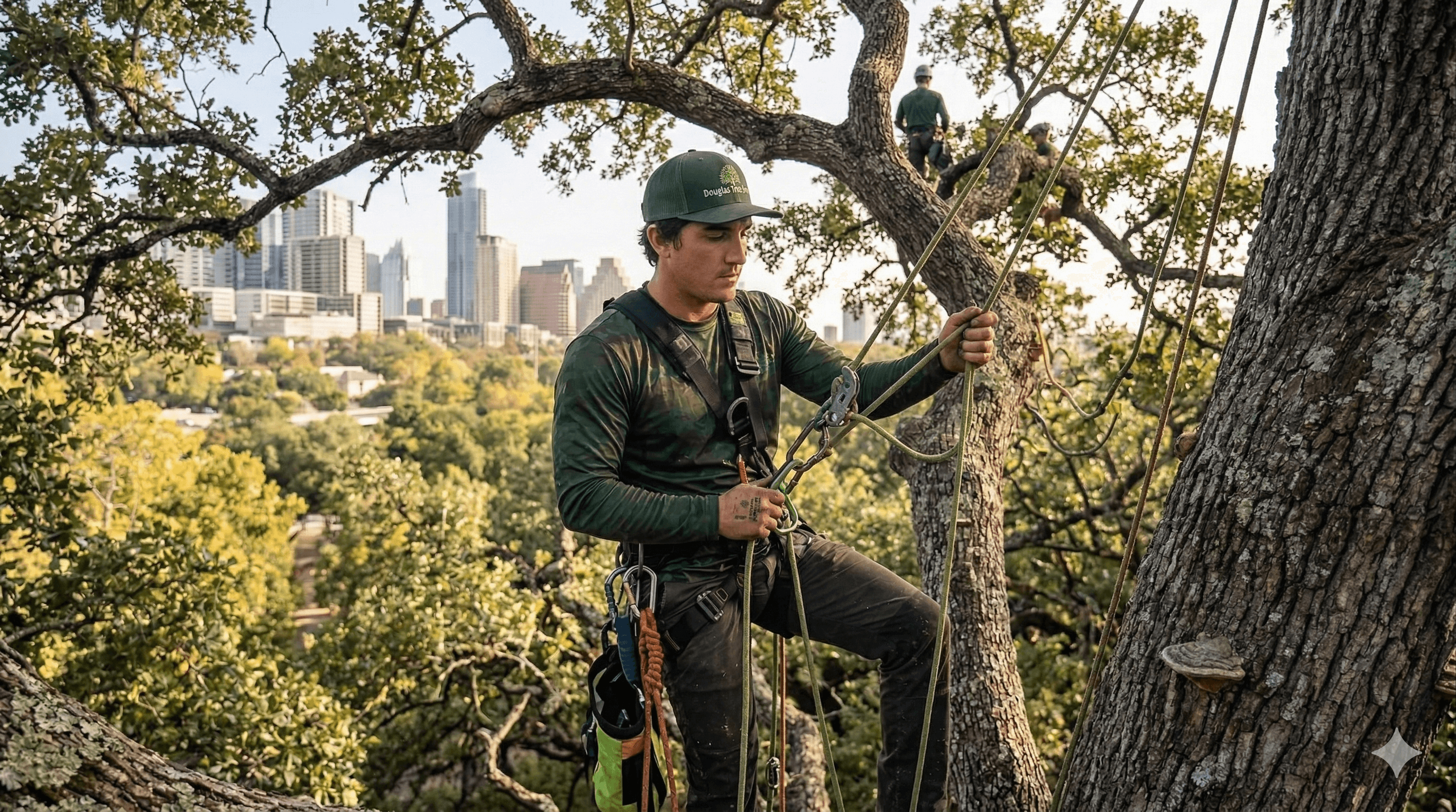 Professional arborist in green gear climbs a large tree overlooking a city skyline.