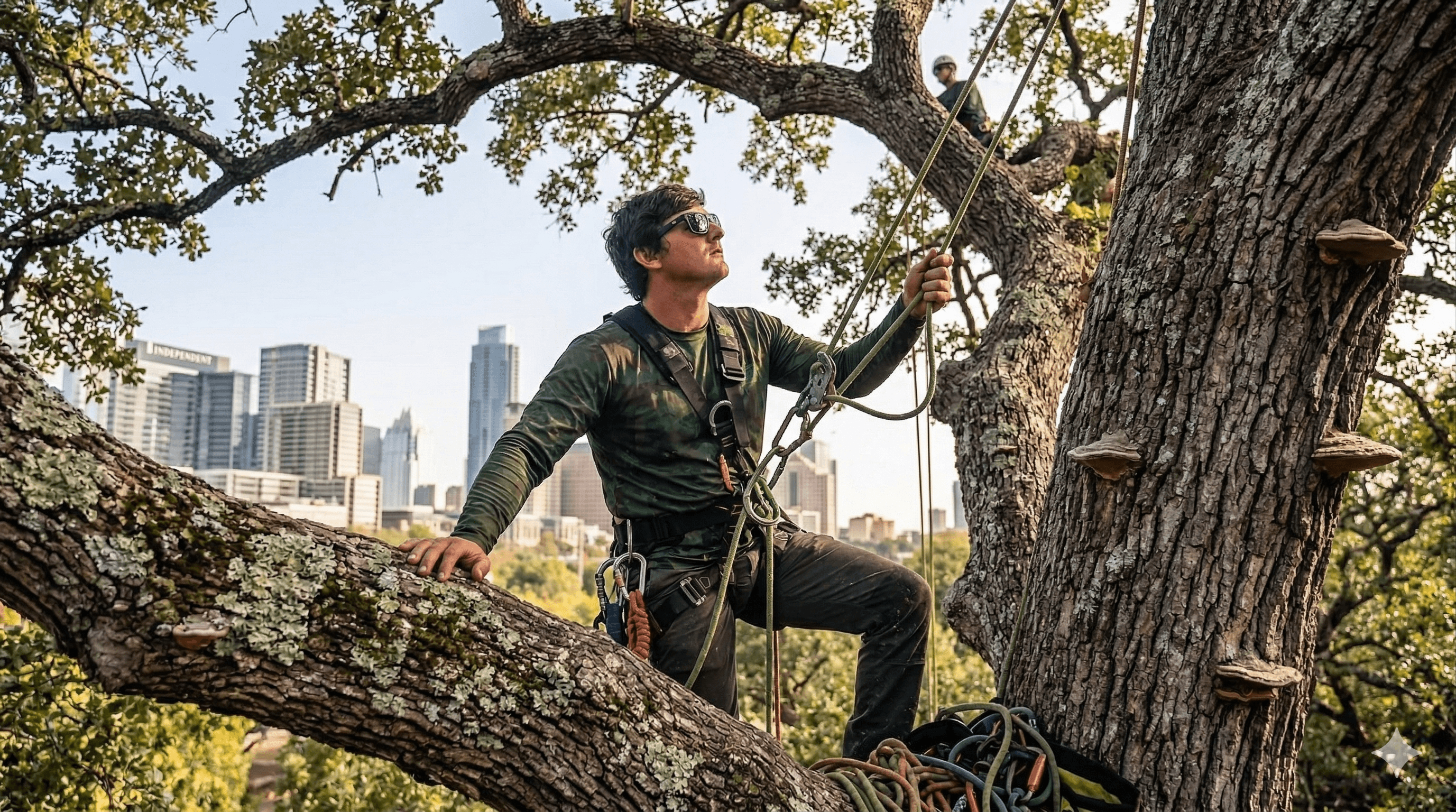Arborist in safety gear climbs a large tree overlooking a distant city skyline.