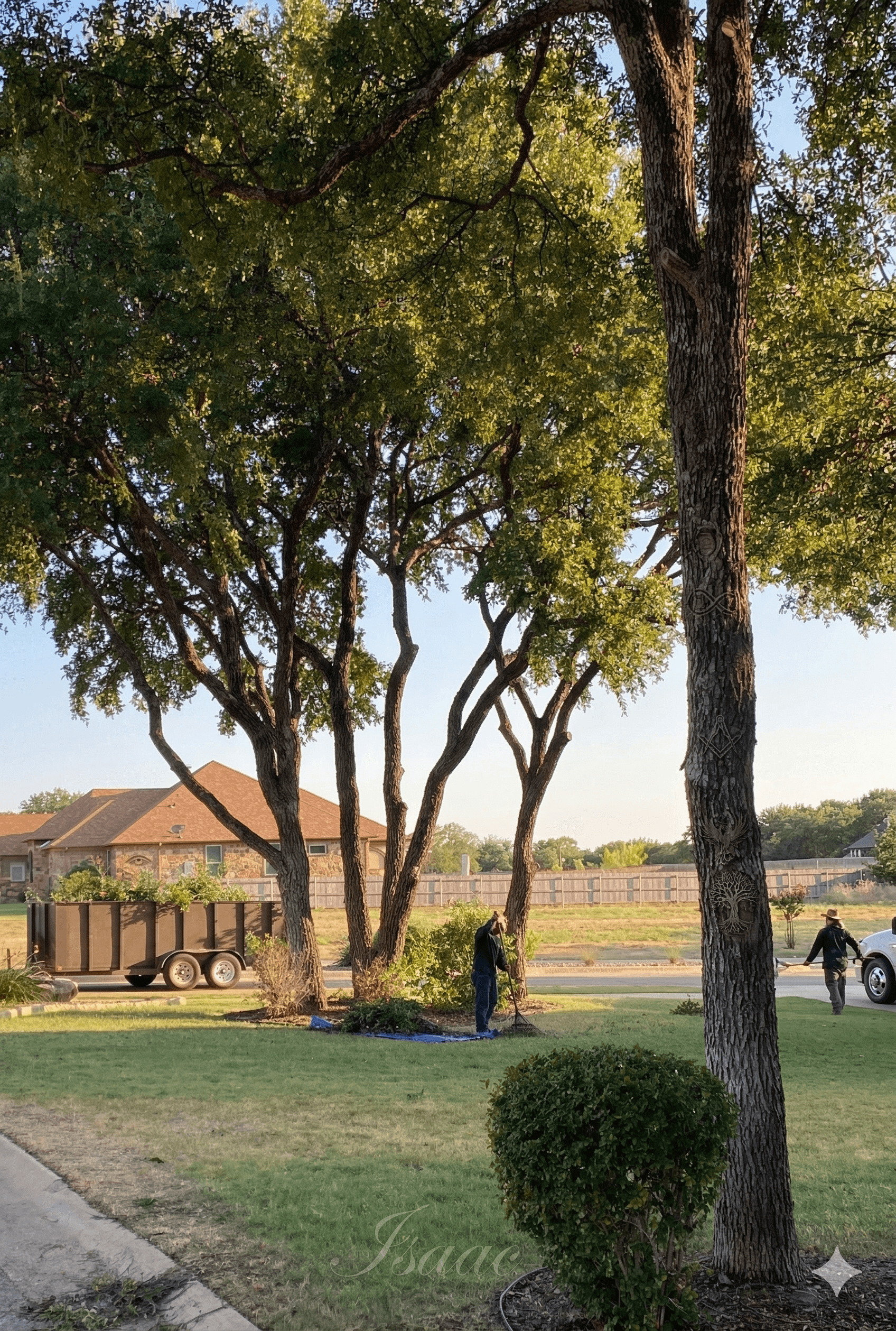 Landscapers clean a yard under large trees with a waste trailer and carved tree trunk.