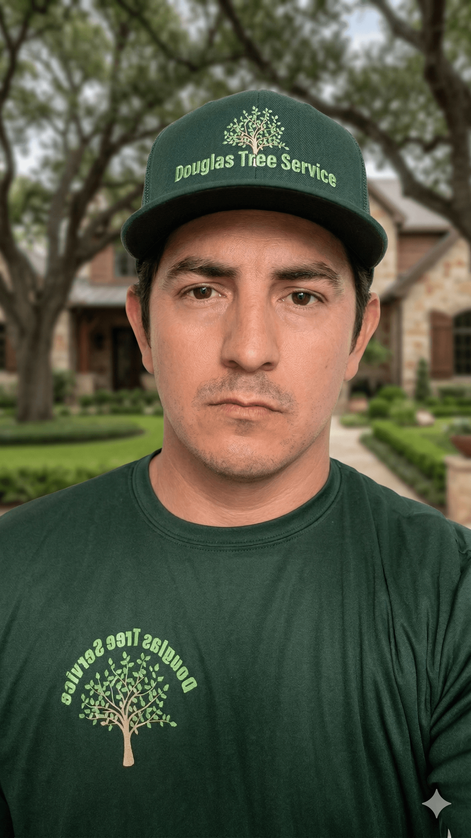 Man in a green Douglas Tree Service uniform standing in front of a suburban house.