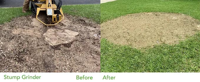 Before and after comparison of a yellow stump grinder removing a tree stump from grass.